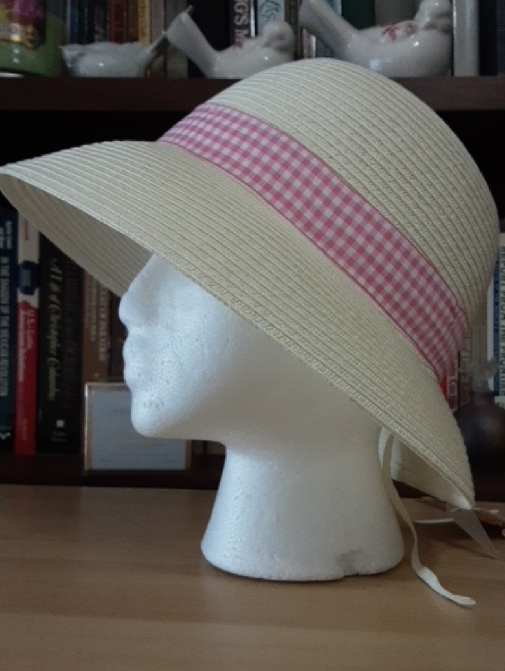St. John's Bay Cream Straw Sun Hat with Pink Gingham Band